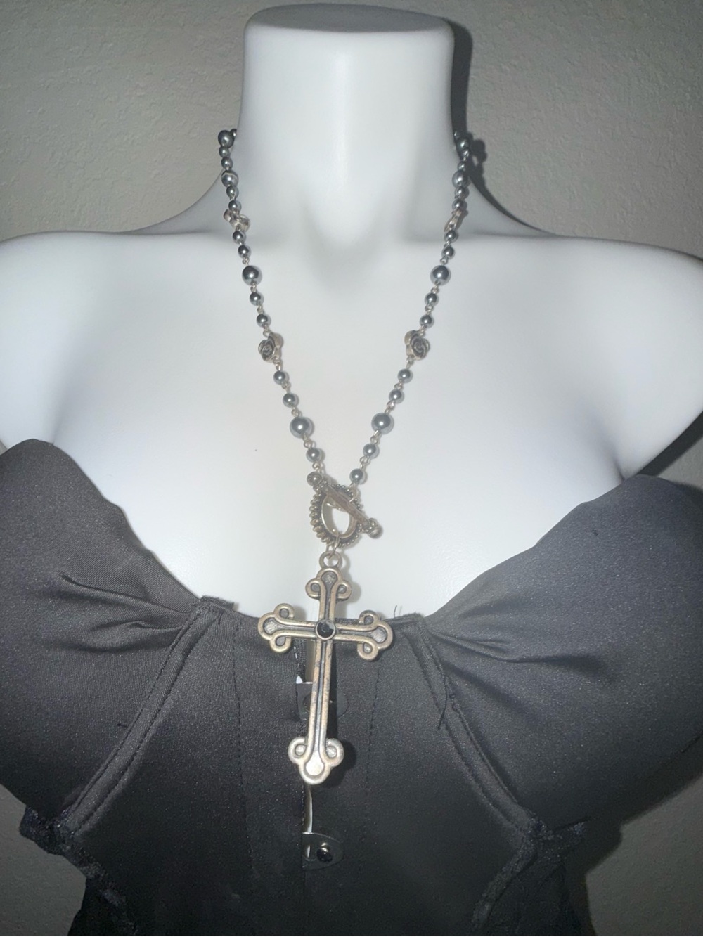 Vintage grunge Silver-Tone Cross Pendant Rosary Necklace